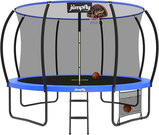 jumpfly Tranpoline 8/10/12/14/15/16FT Tranpoline Outdoor for Kids and Adults Recreational Tranpolines with Basketball Hoop, Anti-Rust Ladder, ASTM Approved