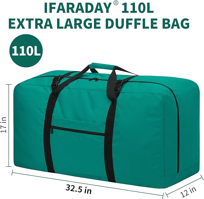 110L Extra Large Duffel Bag 32.5 inch Travel Duffle Bag lightweight Luggage Storage Bag for Outdoor, Camping, Sport-Green