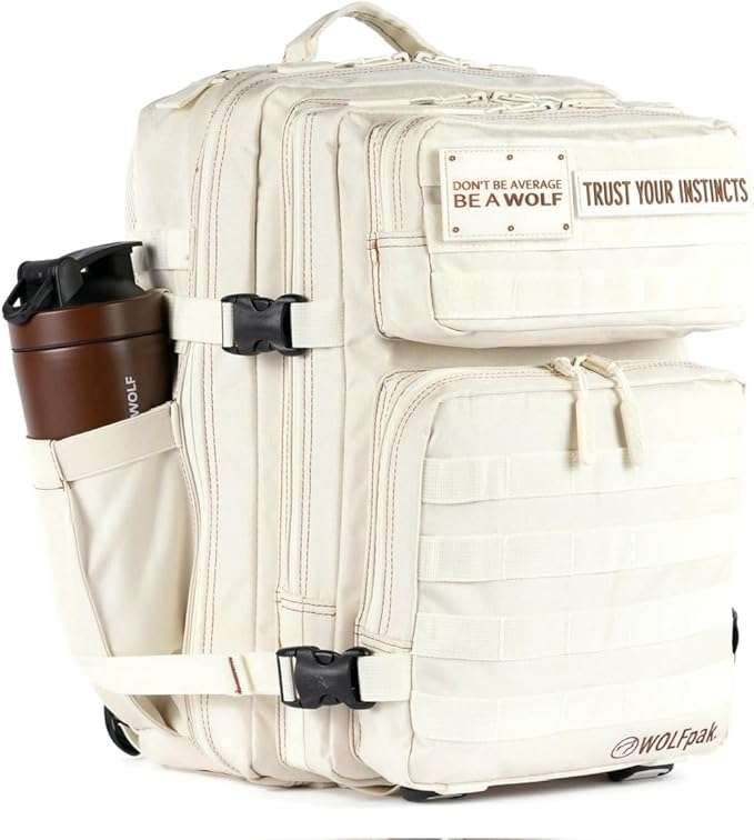 WOLFpak 35L Athletic Gym Backpack - Durable 1000D Waterproof Oxford Material with MOLLE Webbing, Laptop Pocket & Dual Cup Holders, Durable Fitness/Travel/Military Daypack (Vanilla)