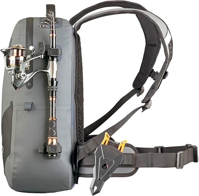 Xelfly - Waterproof Fishing Backpack with Rod Holder, Inflatable Air Valve, Padded Waist Straps & Gear Loops - Submersible Zipper, Rugged Top Handle, Adjustable Attachments (Gray)