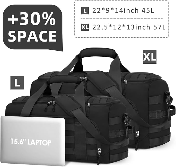 ZOMFELT Tactical Gym Bags for Men, 52L Travel Duffle Bag with Removable Dividers & Innovative Shoe Compartment, 3-in-1 Waterproof MOLLE Gym Duffel Backpack, Airplane Carry-On Approved, Black