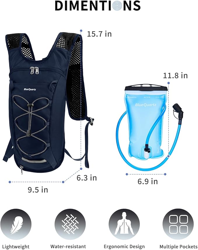 Blue Quartz Hydration Backpack with 2L Water Bladder, Hiking Water Backpack for Women Men, Lightweight Cycling Daypack with Phone Pocket & Helmet Net Bag, Hydration Pack for Biking, Running, Skiing
