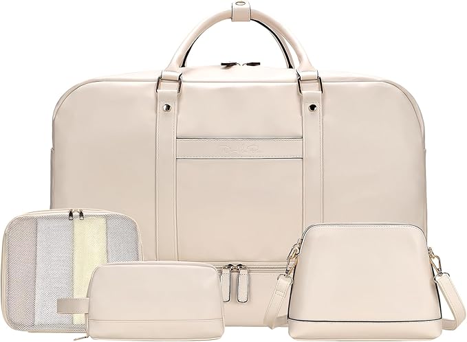 Weekender Bag for Women Men, Large Overnight Bag Faux Leather Travel Duffel Bag with Shoe Compartment Toiletry Packing Cube Carry On Bag Fit 21" Laptop 3Pcs Set (4PCS White)