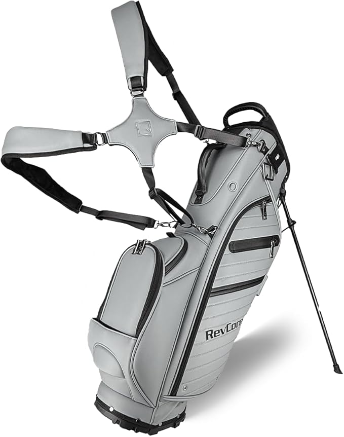 RevCore LT Lightweight Golf Stand Bag by CaddyDaddy – Premium Synthetic Leather Carry Golf Bag for Men & Women with 5-Way Divider, Cooler Pocket, Dual Strap – Golf Bag with Stand