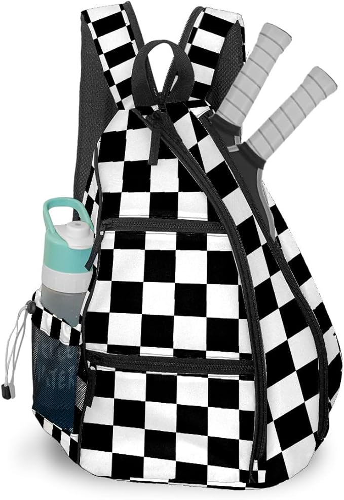 Pickleball Bag Black White Checkered Pickle Ball Backpack for Women Men Premium Lightweight Crossbody Sling Bag Sports Backpack for Pickleball Paddle Tennis