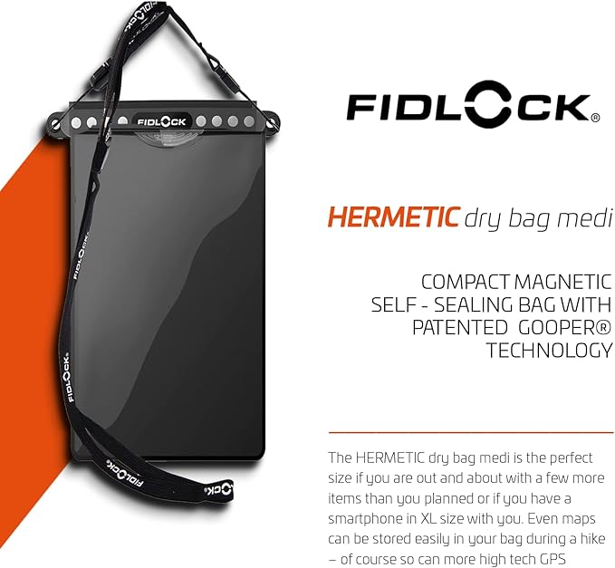 FIDLOCK Hermetic Dry Bag Flexible Magnetic Self-Sealing Bag for Cellphone | 100% Water & Sand Proof | Practical Size with a Large Opening | Lanyard Included | Medi | Orange Transparent