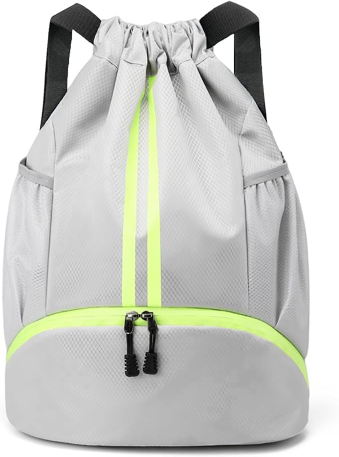Drawstring Backpack Gym Bag with Shoes Compartment for Soccer, Basketball, Swim, Water-Resistant String Backpack Beach Cinch for Women Men, Grey, Medium