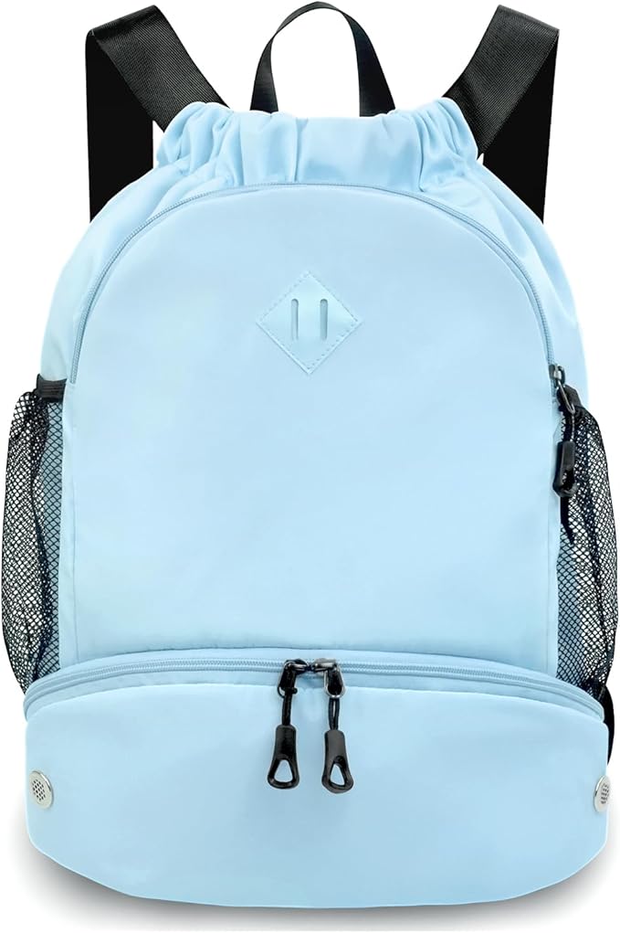 Drawstring Backpack Gym Backpack with Shoe Compartment for Men Women String Sports Bag with Wet Pocket Cinch Swim Beach Bag, Blue (Patent Pending)