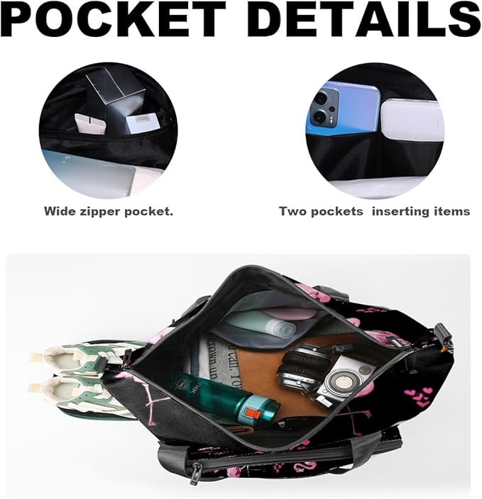 Women's Tennis Bag Large Capacity - Ventilated Shoe Compartment & Waterproof Wet Pocket, Multi-Functional Gym Duffel Bag for Tennis, Yoga, Travel (Flamingos Black)