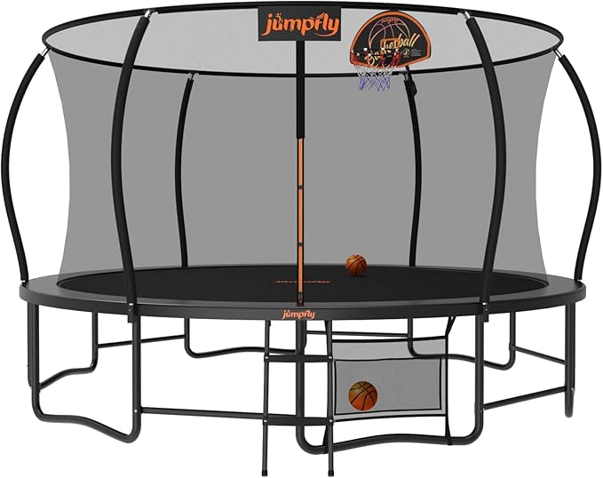 jumpfly Tranpoline 8/10/12/14/15/16FT Tranpoline Outdoor for Kids and Adults Recreational Tranpolines with Basketball Hoop, Anti-Rust Ladder, ASTM Approved