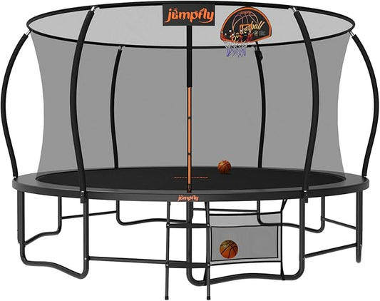jumpfly Tranpoline 8/10/12/14/15/16FT Tranpoline Outdoor for Kids and Adults Recreational Tranpolines with Basketball Hoop, Anti-Rust Ladder, ASTM Approved