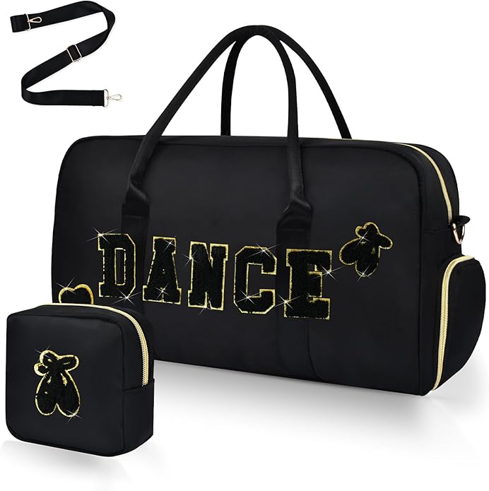 Dance Bag for Girls 2PCS Ballet Cheer Bag with Shoes Compartment Chenille Letter Embroidery for Dancer Travel Overnight bag