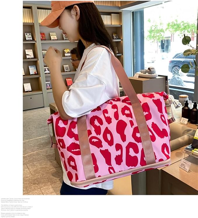 Expandable Weekender Duffel Sport Gym Bag Overnight Travel duffle Bags with Wet Pocket X1-Pink Cow