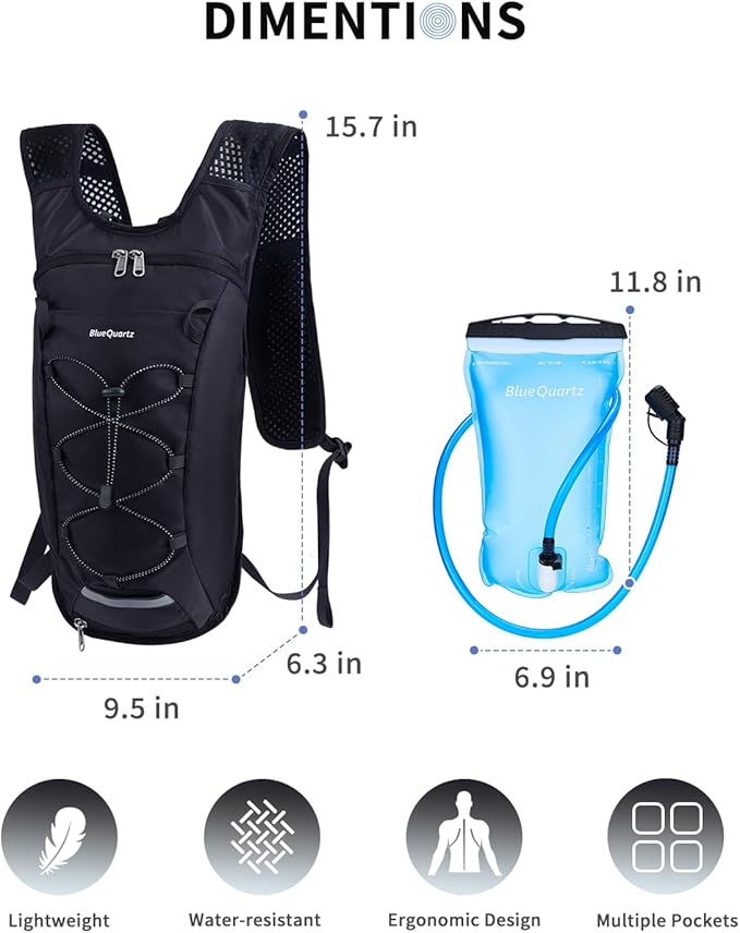 Blue Quartz Hydration Backpack with 2L Water Bladder, Hiking Water Backpack for Women Men, Lightweight Cycling Daypack with Phone Pocket & Helmet Net Bag, Hydration Pack for Biking, Running, Skiing