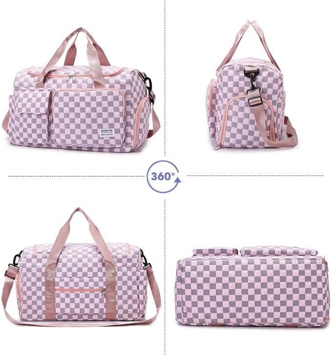 Weekender Duffel Sport Gym Bag Overnight Travel duffle Bags with Shoe Compartment Wet Pocket Tartan-Pink