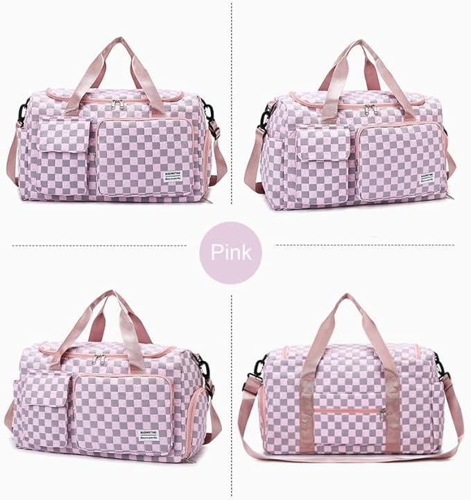 Weekender Duffel Sport Gym Bag Overnight Travel duffle Bags with Shoe Compartment Wet Pocket Tartan-Pink