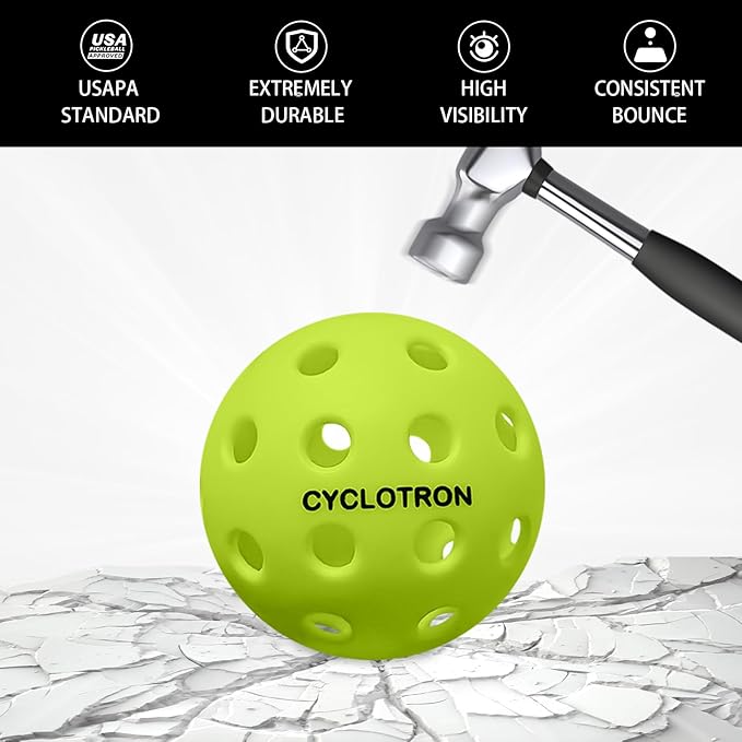 cyclotron 6-Pack Premium Pickleball Balls - USAP Approved, 40 Holes Outdoor/Indoor Pickle Balls with Bag, Perfectly Balanced, High Bounce True Flight, Pickle Ball for Tournament Play