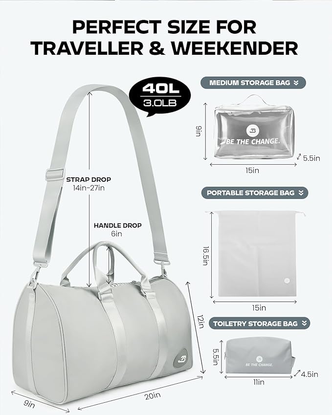 4Pcs/Set Gym Bags Swim Heavy Duty Sports Duffel Bag for Women and Men Waterproof Travel Workout Weekender Bag with 3 Accessory Bags of Wet & Dry Separation Upgrades 2.0 Sliver