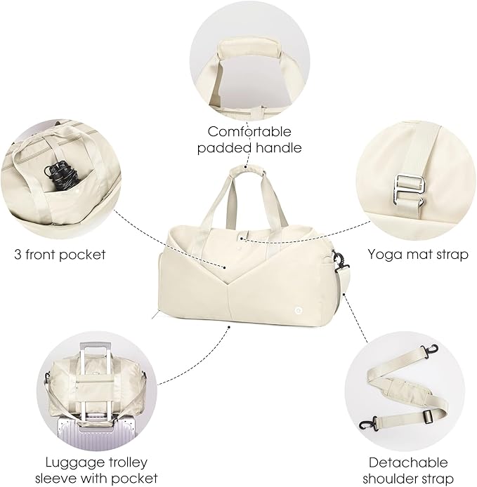 Ceneda 20" Gym Bag for Women with Wet Pocket & Shoe Compartment, Lightweight Duffel Waterproof Carry On Duffle for Travel, Yoga, Overnight (Ivory)