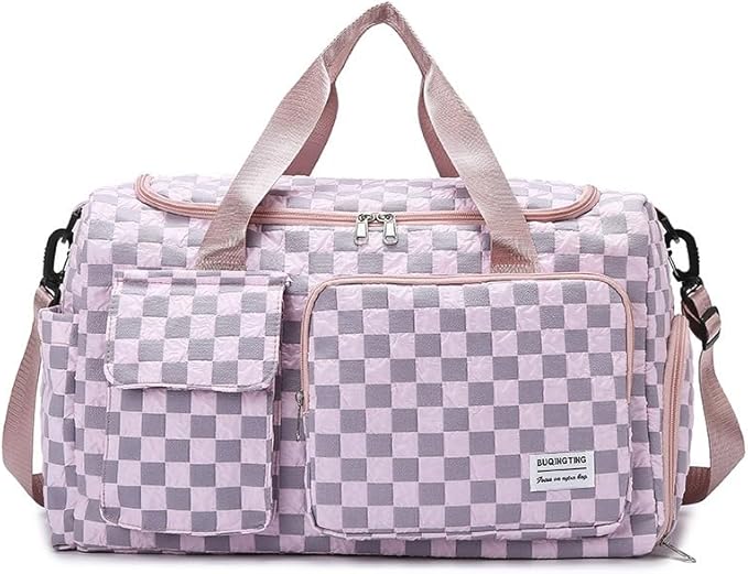 Weekender Duffel Sport Gym Bag Overnight Travel duffle Bags with Shoe Compartment Wet Pocket Tartan-Pink