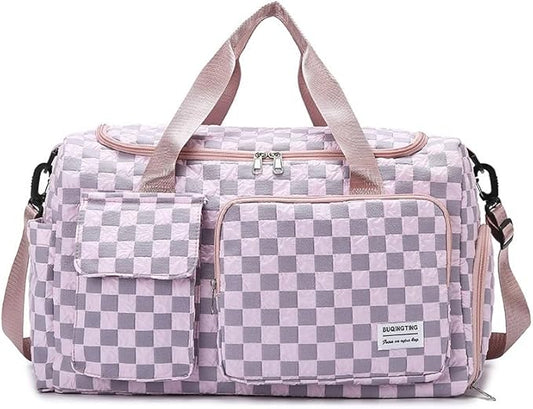 Weekender Duffel Sport Gym Bag Overnight Travel duffle Bags with Shoe Compartment Wet Pocket Tartan-Pink