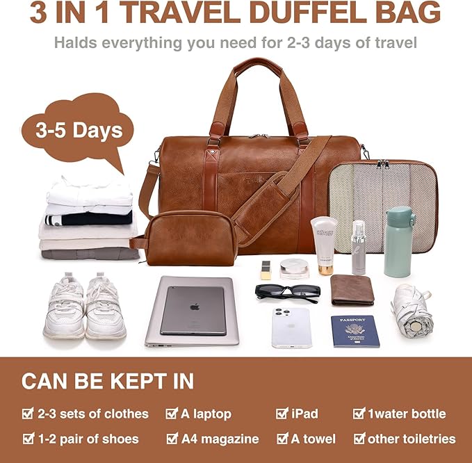 3-in-1 Leather Duffle Bag for Travel with Toiletry Bag and Shoe Compartment, Weekender Overnight Gym Bag for Men Women, Carry On Bag Fits 21 Inch Laptop