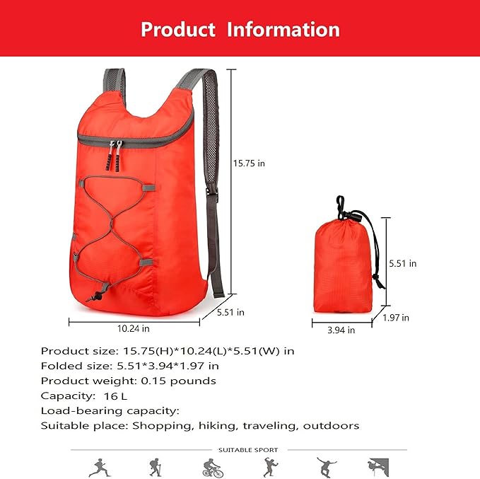 16L Lightweight Foldable Hiking-Backpack Small Packable-Daypack For Travel,Ultralight Water-Resistant Gym Bag Men Women Easy Carry-on (Red)