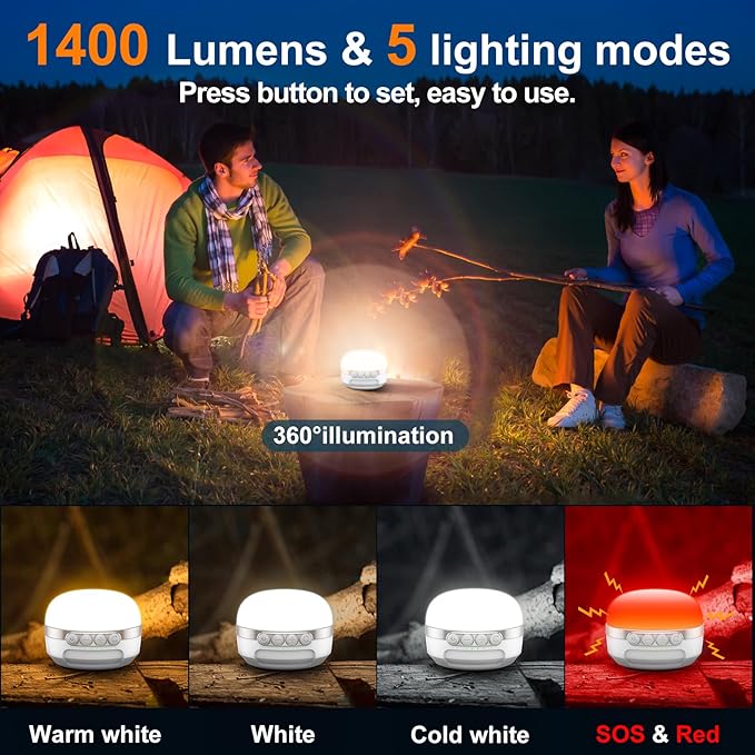 ZMNT LED Camping Lantern Rechargeable 1400LM, Up to 420H Running Time Camping Tent RGB Light, 10400mAh Emergency Hanging Light for Hurricane, Power Outages, Home, Hiking, White