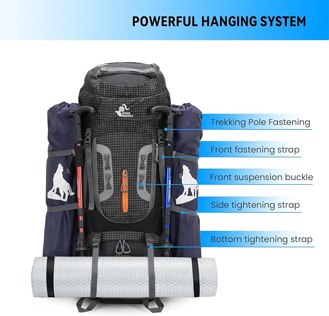 Bseash 80L Waterproof Hiking Camping Backpack with Rain Cover, Lightweight Outdoor Sport Travel Daypack for Climbing Touring (Lake Green)