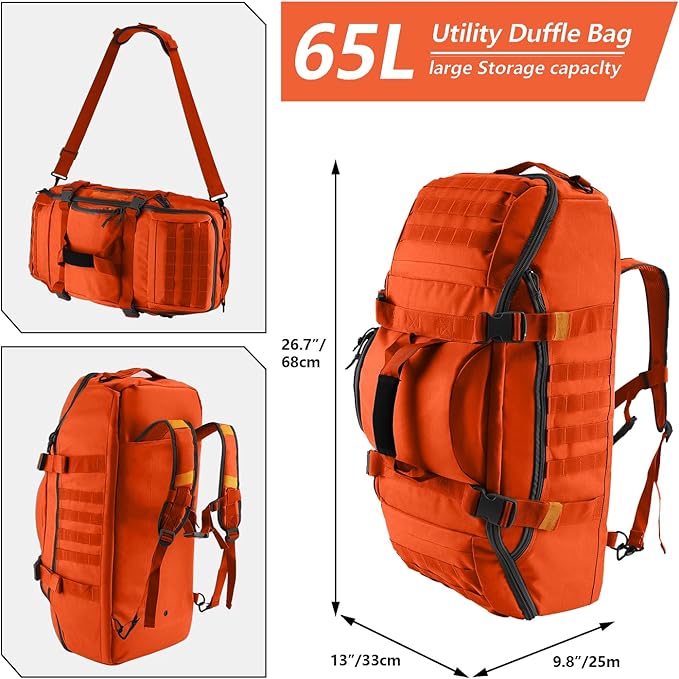 65L Large Duffle Bag, 3-in-1 Tactical Backpack MOLLE Pack for Sports, Gym, Outdoor, Orange