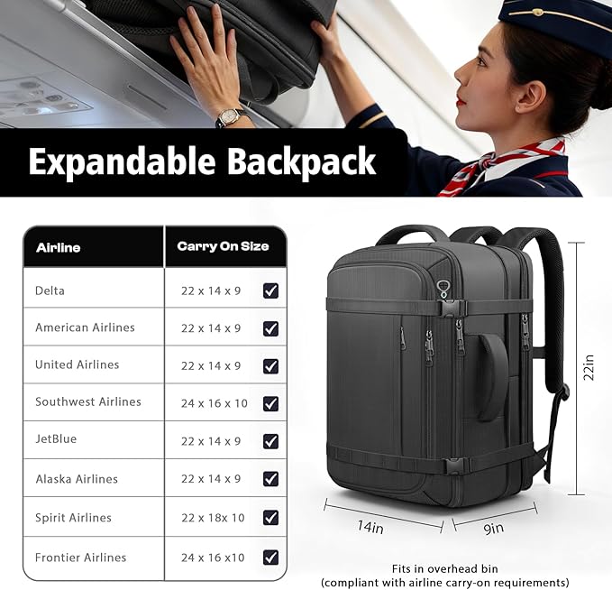 Carry On Backpack,Expandable Travel Backpack 50-60L Large Capacity with USB Cable Port Fits18.4 Inch Laptop,Water Resistant Weekender Backpack for Men Women Business College Hiking Commuting,Black