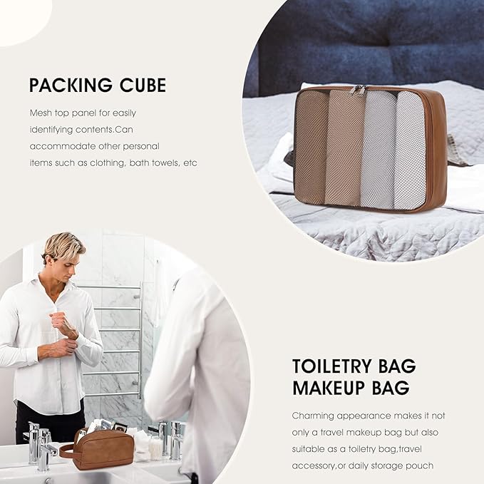 Wogarl 3PCS Faux Leather Weekender Bag for Women Men Large Overnight Bags Travel Duffel with Shoe Compartment Toiletry Packing Cube Carry On Tote Fit 21" Laptop(Light Brown)