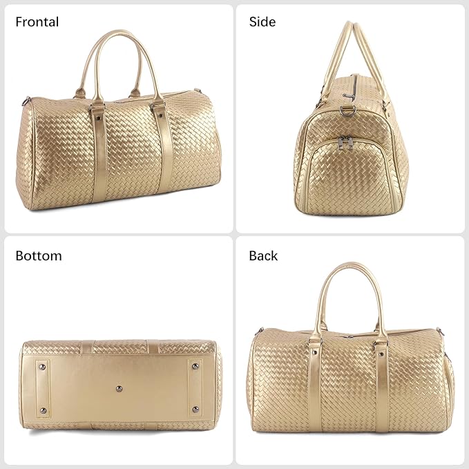Weekender Bags for Women Woven Leather Travel Duffel Bag with Shoe Compartment, Carry On Garment Bag for Men Women, Large Capacity Water-resistant Gym Tote (Gold)