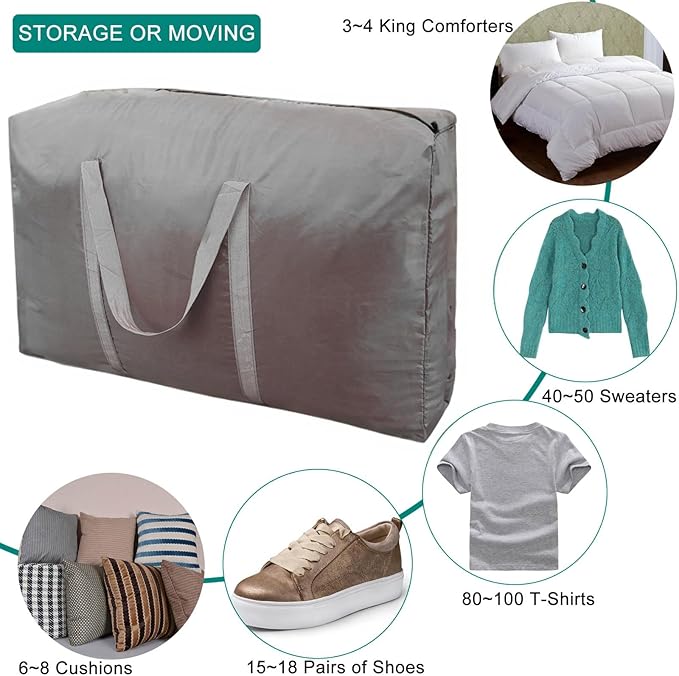 100L Extra Large Storage Bags, Big Moving Bags with Strong Zippers & Carrying Handles, Packing Bags for Moving, Storage, Travel and Camping, Storage Totes For Space Saving (Grey, 2 Pack)