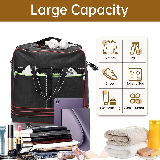 Foldable Duffel Bag,Large Expandable Rolling Travel Duffle Bag with Wheels Waterproof Collapsible Luggage Carry on Duffel Bag with Wheels and Handle, Black