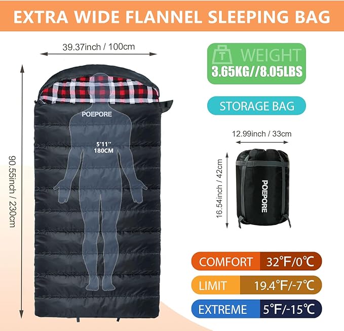0 Degree Sleeping Bag 100% Cotton Flannel XXL Cold Weather Winter Oversized Sleeping Bag for Adults Camping Zero Degree Big and Tall with Compression Sack