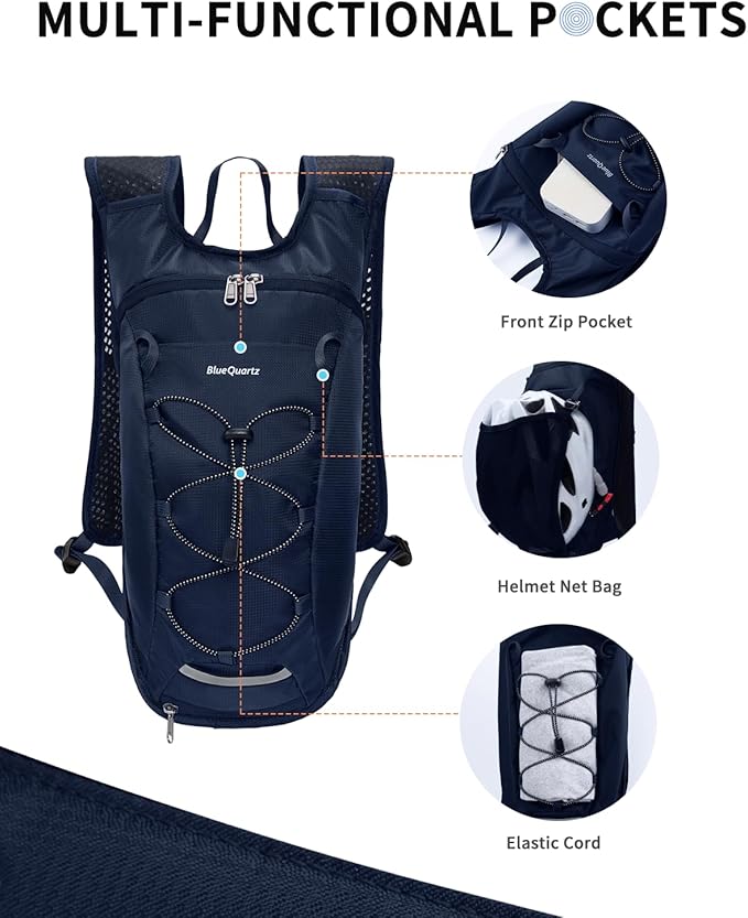 Blue Quartz Hydration Backpack with 2L Water Bladder, Hiking Water Backpack for Women Men, Lightweight Cycling Daypack with Phone Pocket & Helmet Net Bag, Hydration Pack for Biking, Running, Skiing
