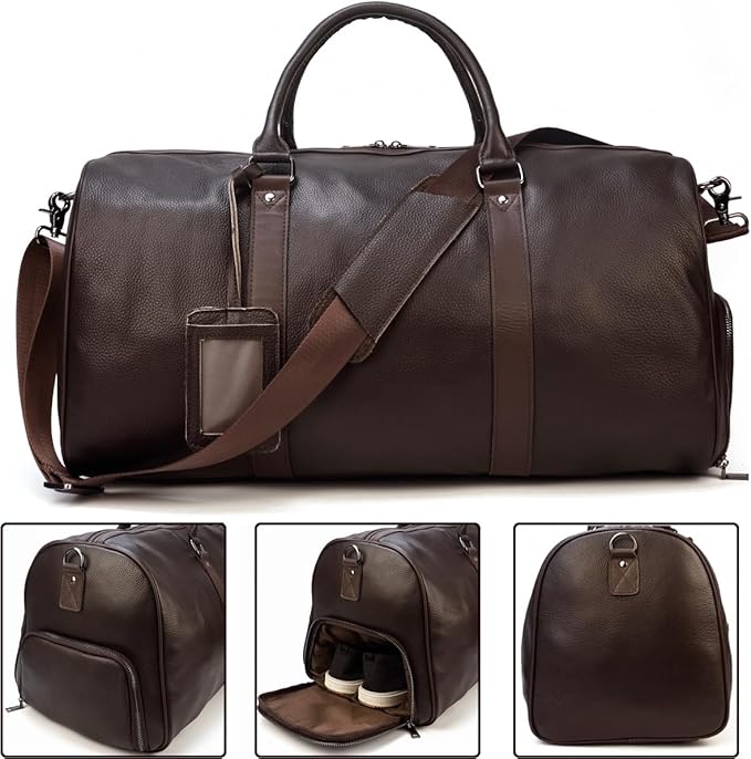 Genuine Leather Travel Duffel Bags for Men and Women Leather Overnight Weekend Bags Sports Gym Duffle, 9423 Brown