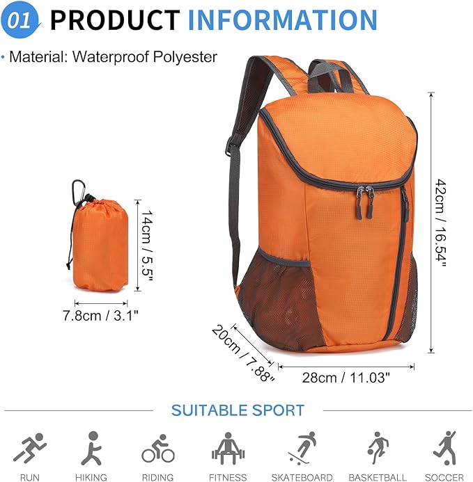 Hiking Backpack, 20L Packable Daypack for Men Women, Nylon with Adjustable Straps, Lightweight Waterproof Outdoor Camping Travel, Orange