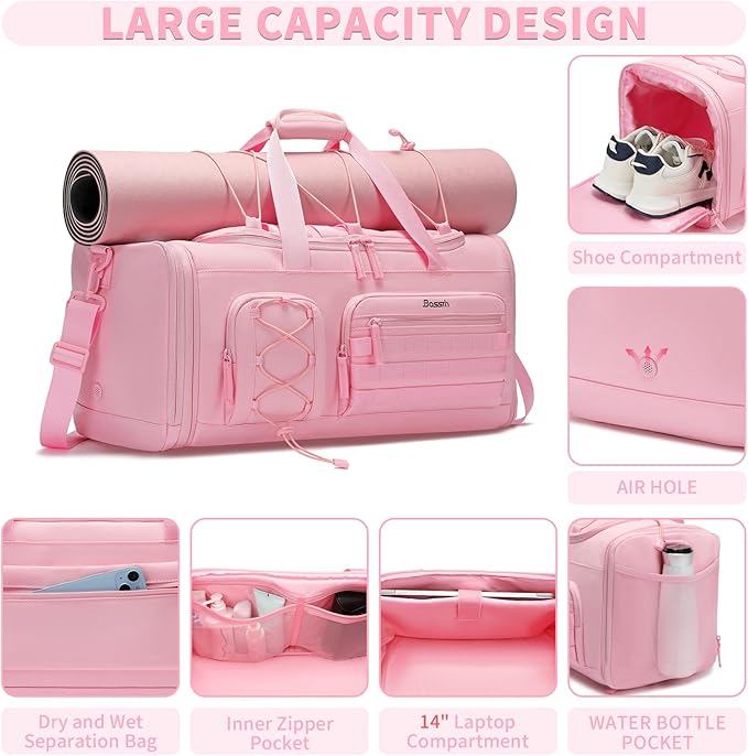 Bosstin Gym Bag for Women & Men,45L Travel Duffle Sports Duffel Bag Gym Weekender Overnight Backpack with Shoe Compartment (3PINK)