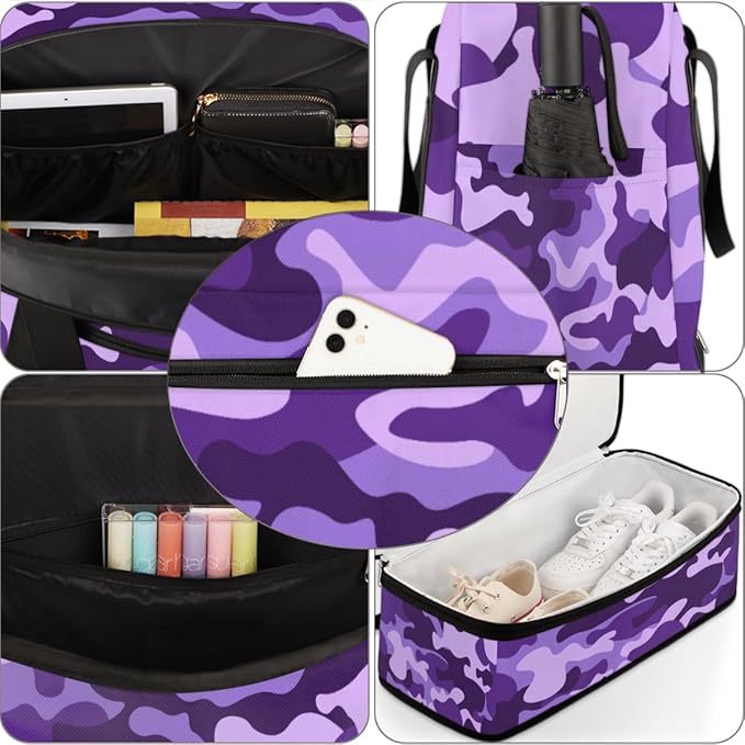 Travel Duffle Bags With Shoes Compartment for Women Men Purple Camouflage Camo Lightweigh Sports Tote Gym Bag Foldable Canvas Weekender Overnight Carry On Luggage Handle Bag