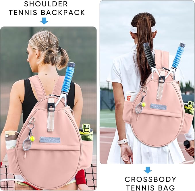 Tennis Backpack with 2 Rackets Holder, Water-Resistant PU Leather Tennis Racket Bag for Women & Men, Sling Crossbody Sports Backpack for Tennis, Pickleball & Badminton, Tennis Gifts