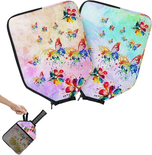 AUUXVA Watercolor Butterfly Pickleballs Paddle Cover, 2 Pcs Pickleball Case for Women, Compatible with Most Standard and Elongated Pickball Paddles, Ideal Present (Rackets and Balls are Not Included)