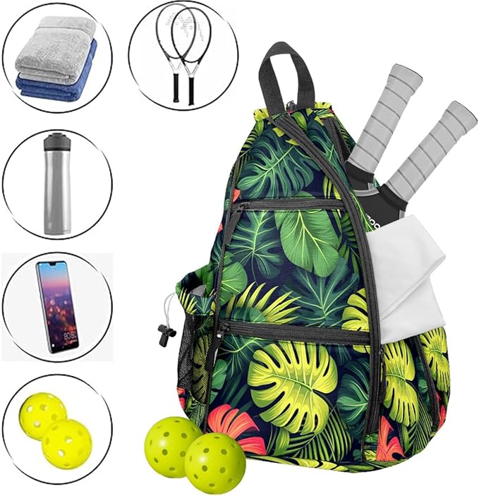 Pickleball Bag Tropical Leaves Pickle Ball Backpack for Women Men Premium Lightweight Crossbody Sling Bag Sports Backpack for Pickleball Paddle Tennis