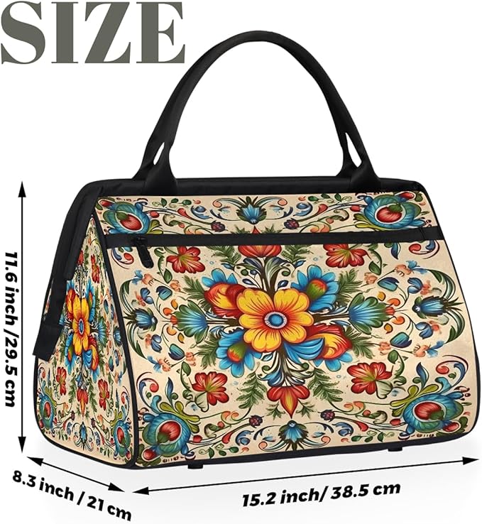Travel Duffle Bag, Ethnic Floral Mandala Flower Overnight Weekender Tote Bag for Women Men Waterproof Carry On Luggage with Zipper Lightweight Sport Gym Bag for Traveling Yoga Camping Traveling Gifts