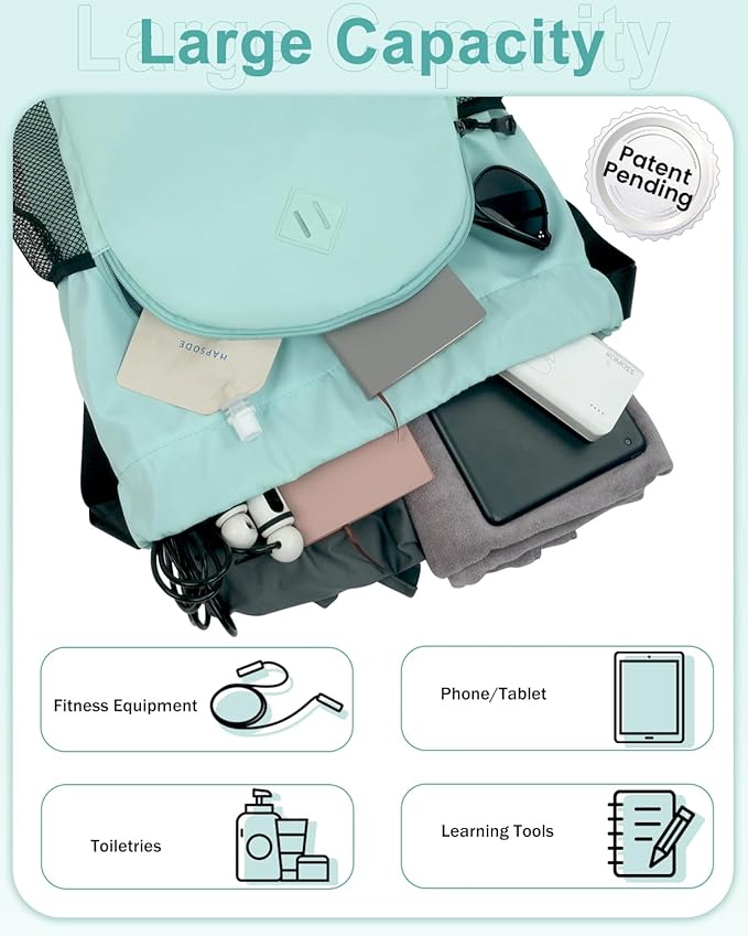 Drawstring Backpack Gym Backpack with Shoe Compartment for Men Women String Sports Bag with Wet Pocket Cinch Swim Beach Bag, Mint Green (Patent Pending)