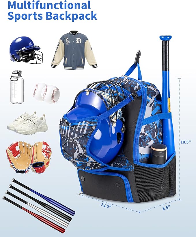 Youth Baseball Bag, Softball Bat Bag for Girls Boys & Adults, Kids Tball Backpack with Shoes Compartment, Large Capacity Equipment Backpack