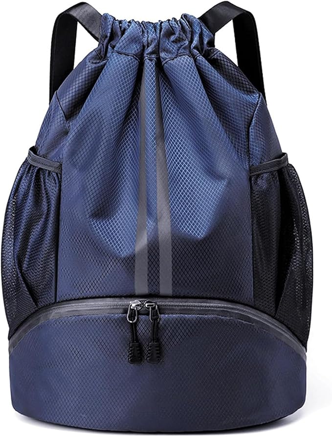 Drawstring Backpack Gym Bag with Shoes Compartment for Soccer, Basketball, Swim, Water-Resistant String Backpack Beach Cinch for Women Men, Navy Blue