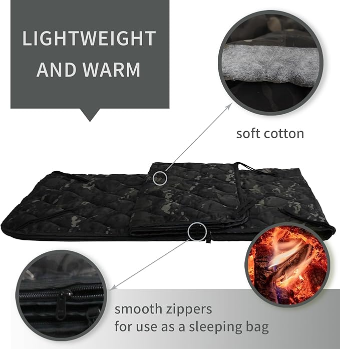 GRVCN Military Blanket - Camping Sleeping Bag with Zipper, Poncho Liner Thermal Insulated Blanket, Lightweight Portable Outdoor Hiking Survival Compression Carry Bag