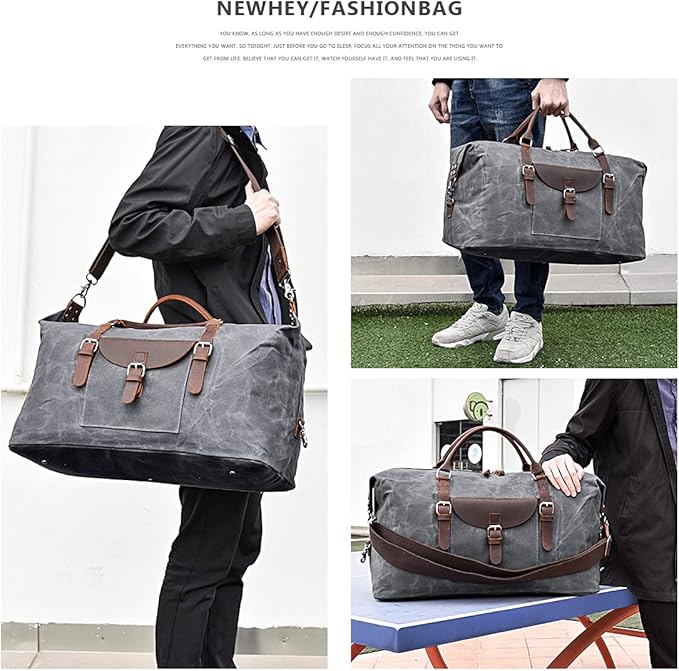 Oversized Travel Duffel Bag Waterproof Canvas Genuine Leather Weekend bag Weekender Overnight Carryon Hand Bag Grey
